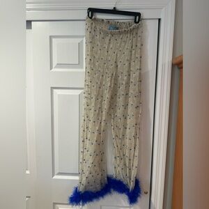 Jade Sheer Floral Pants with Feather Trim